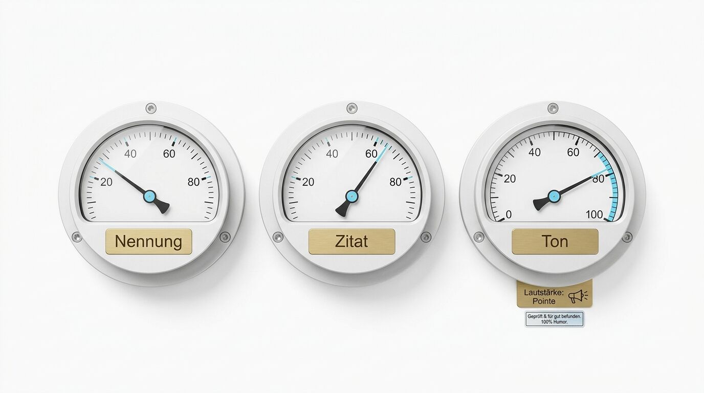 Drei weiße Rundinstrumente für Nennung, Zitat, Ton mit Zeigern und kleinen Messingplaketten