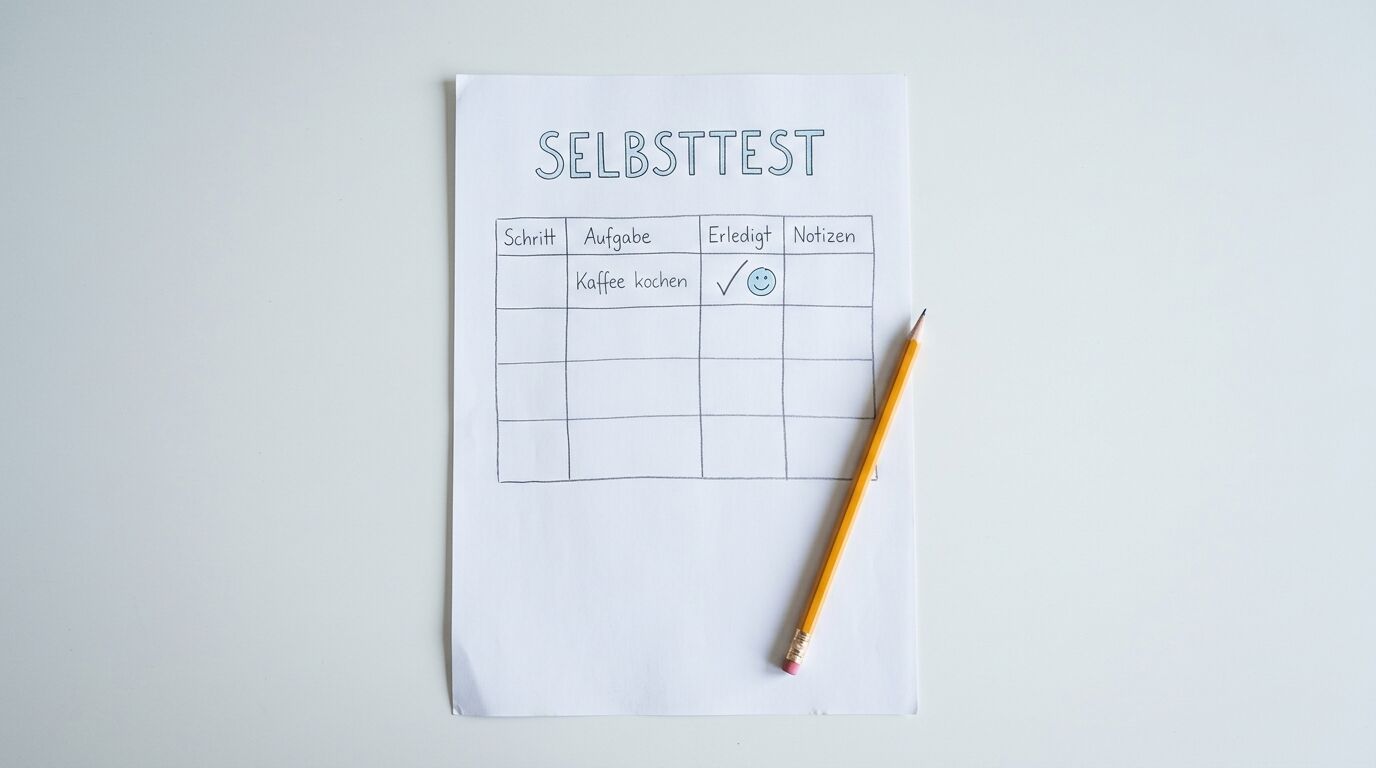 Handgezeichnete Tabelle „SELBSTTEST“ mit Häkchen, Smiley und Bleistift daneben auf Weiß