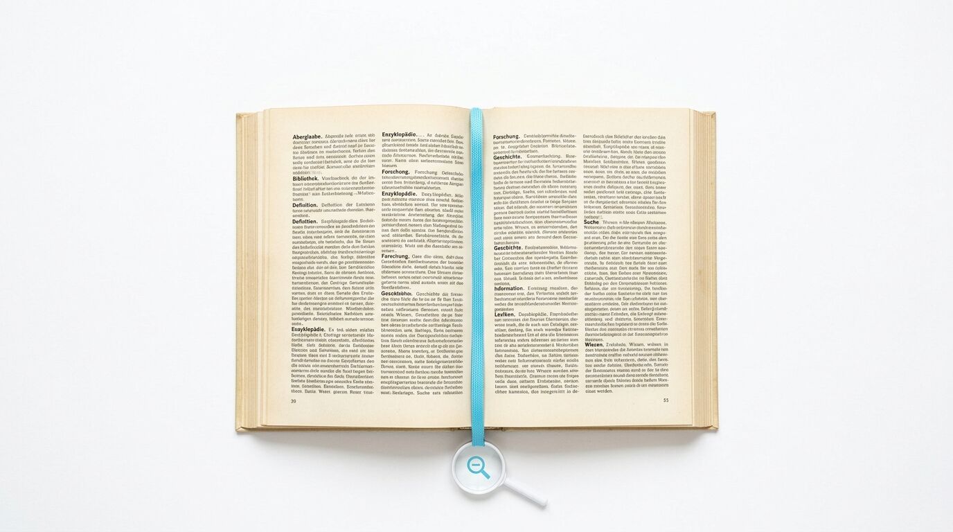 Geöffnetes Buch, Lupe an hellblauem Lesezeichenband davor, isoliert auf weißem Grund