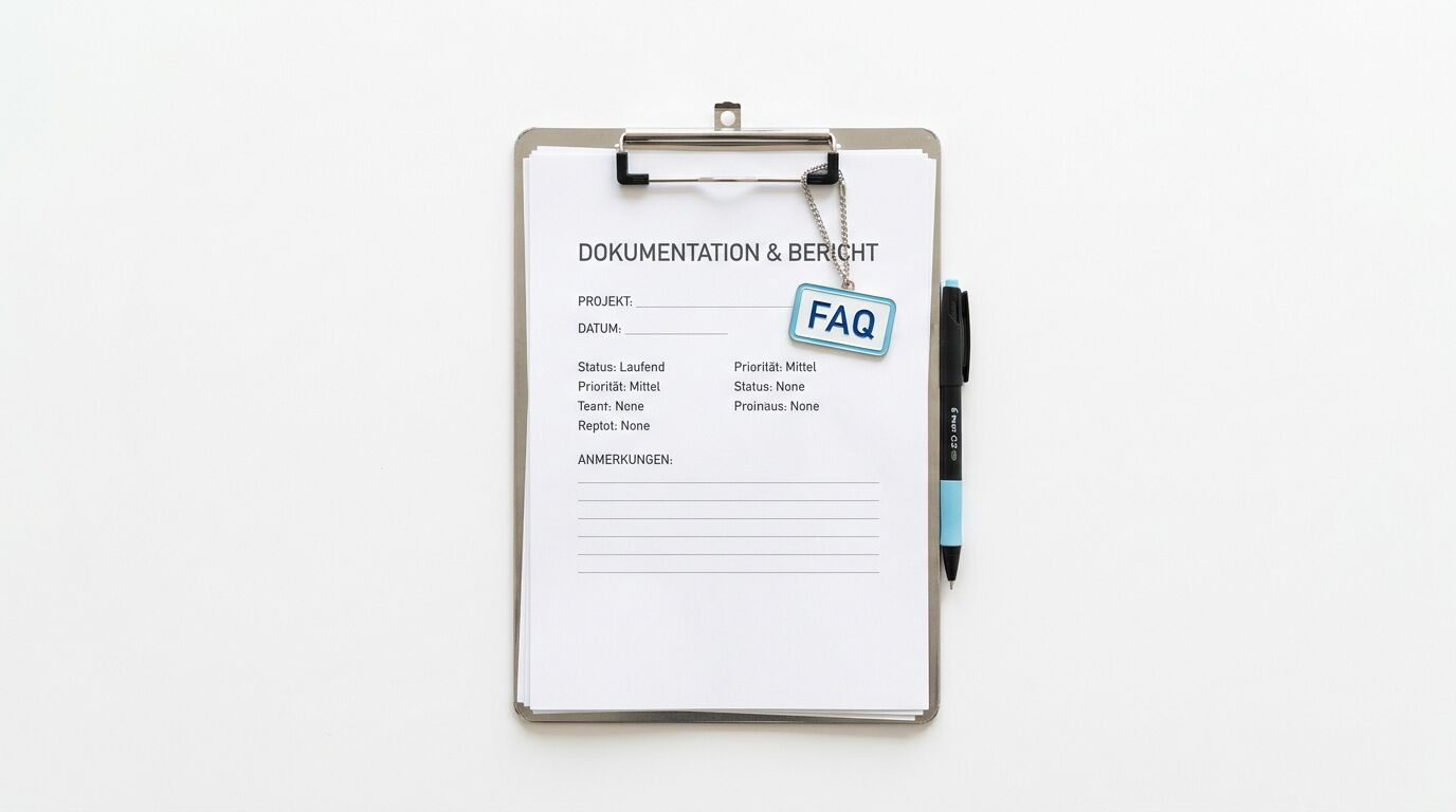 Klemmbrett mit Dokument „DOKUMENTATION & BERICHT“, Kugelschreiber und „FAQ“-Schildchen auf Weiß