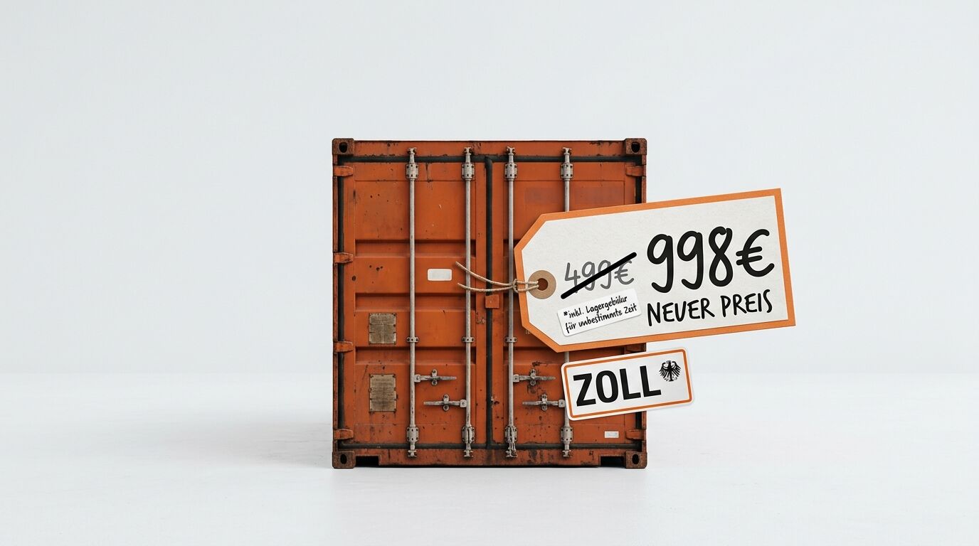Orangener Container mit Preisschild, durchgestrichenem Preis,