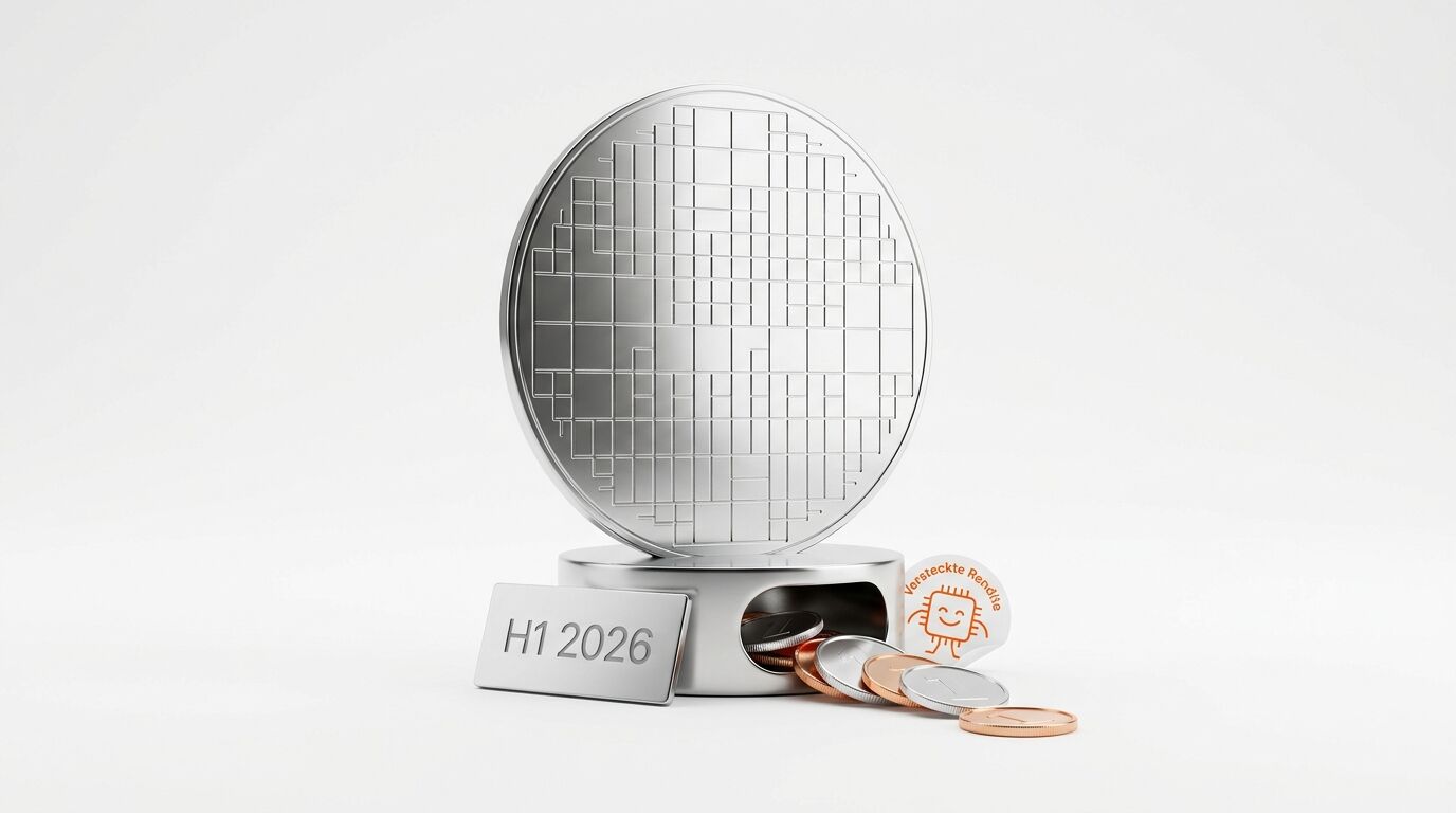 Eine Wafer-Skulptur mit Sockel, Plakette (H1 2026), Münzen und Logo auf weißem Grund