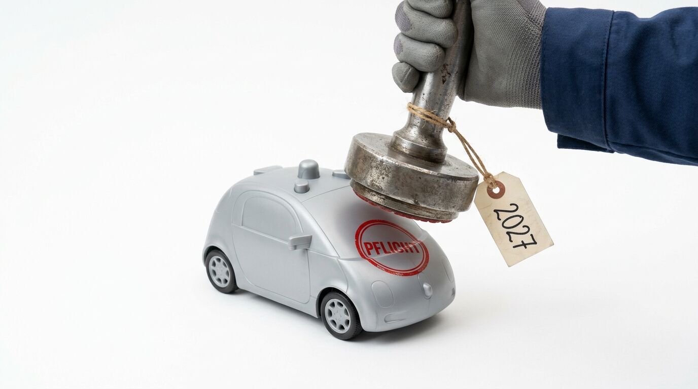 Hand stempelt silbernes Spielzeugauto mit rotem „PFLICHT“-Stempel, Anhänger „2027“ ist befestigt