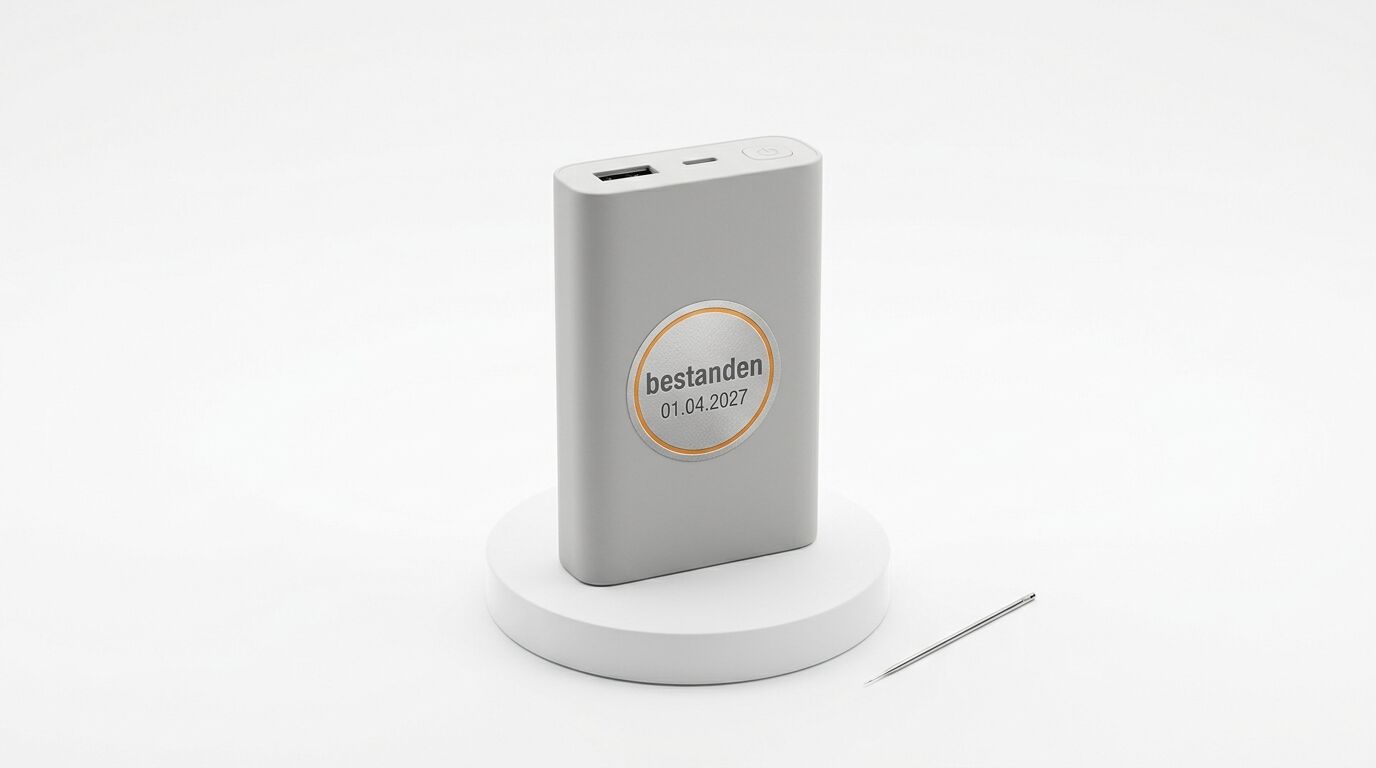 Powerbank mit „bestanden“-Plakette und Nadel auf Podest