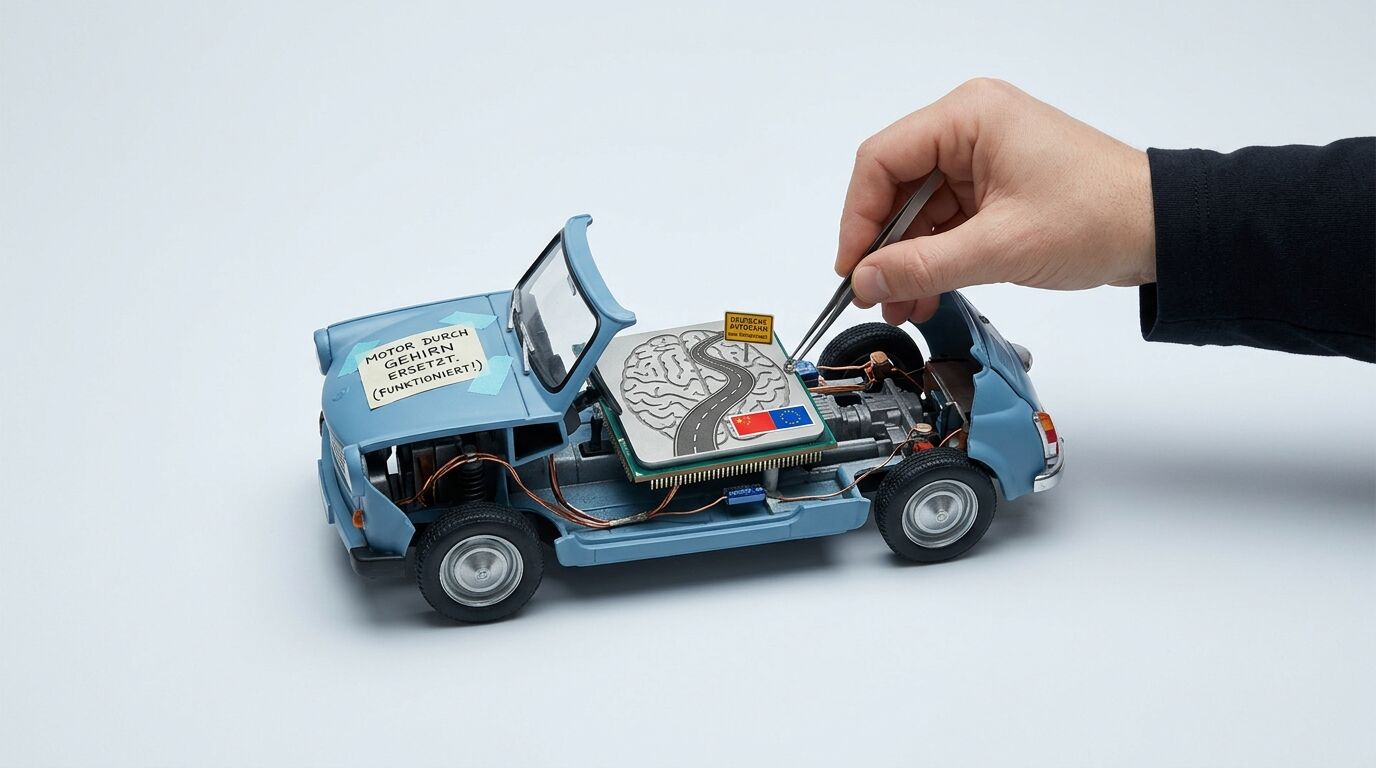 Miniaturauto mit Prozessor statt Motor, Hand bedient Pinzette, Notizzettel auf Motorhaube