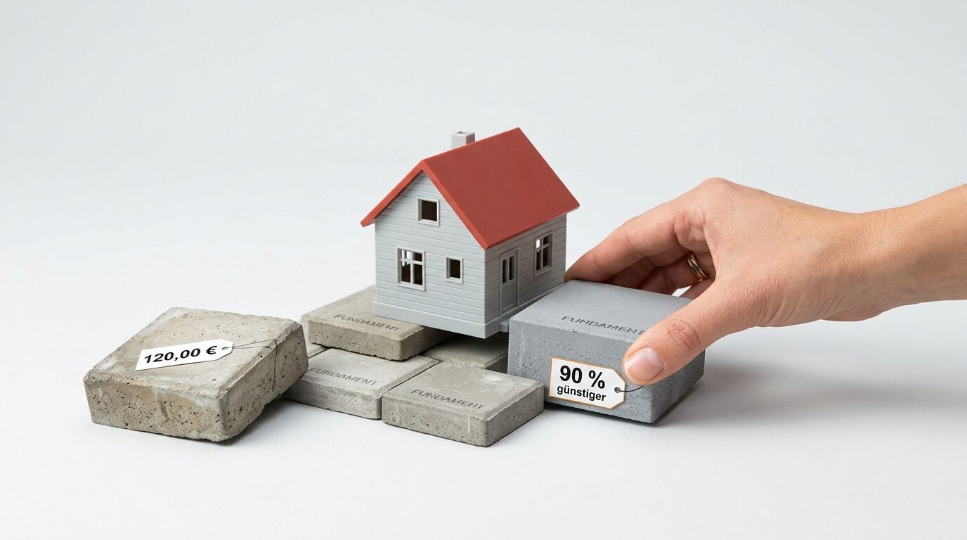 Modellhaus auf Betonblöcken, ein Block mit Preisschild, ein weiterer mit Rabattschild wird gehalten