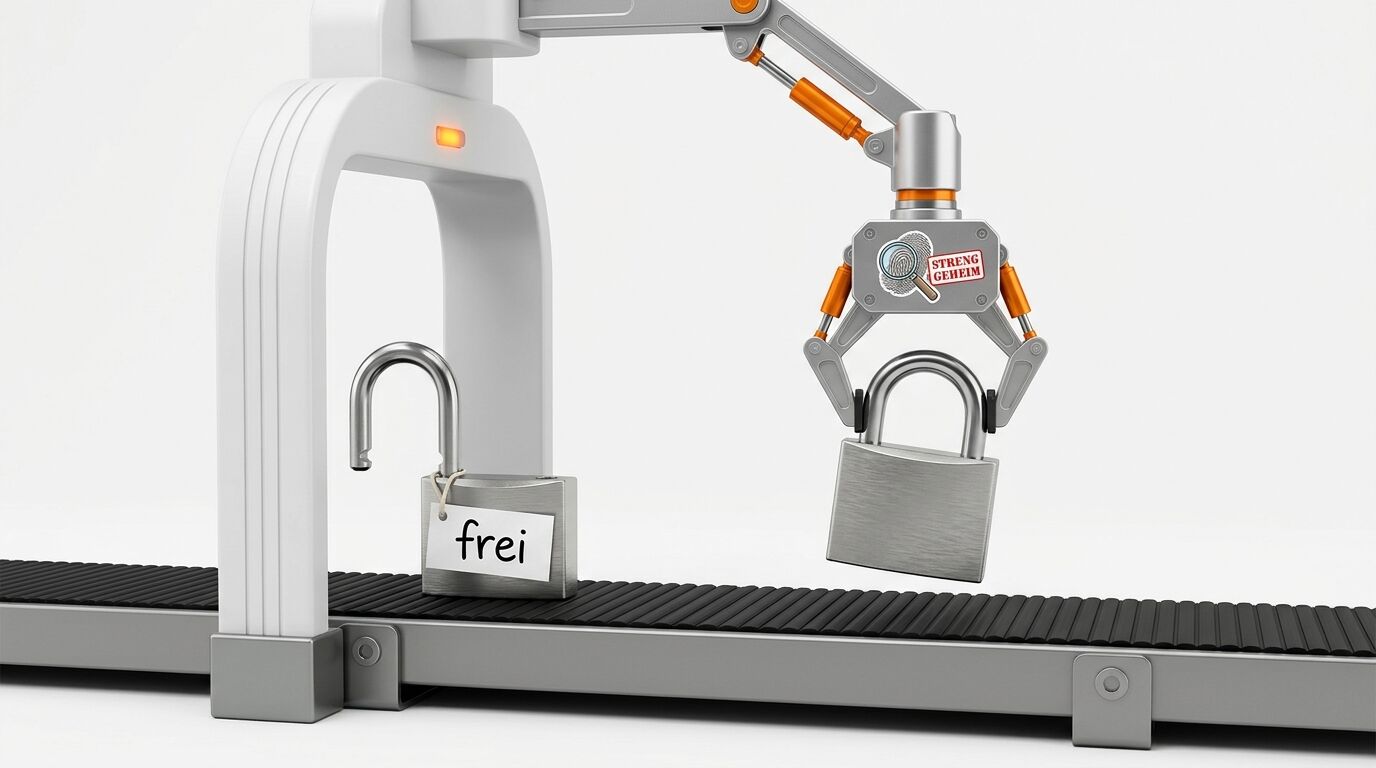 Roboterarm hebt Schloss mit „STRENG GEHEIM“-Siegel hoch; geöffnetes Schloss mit „frei“-Schild steht