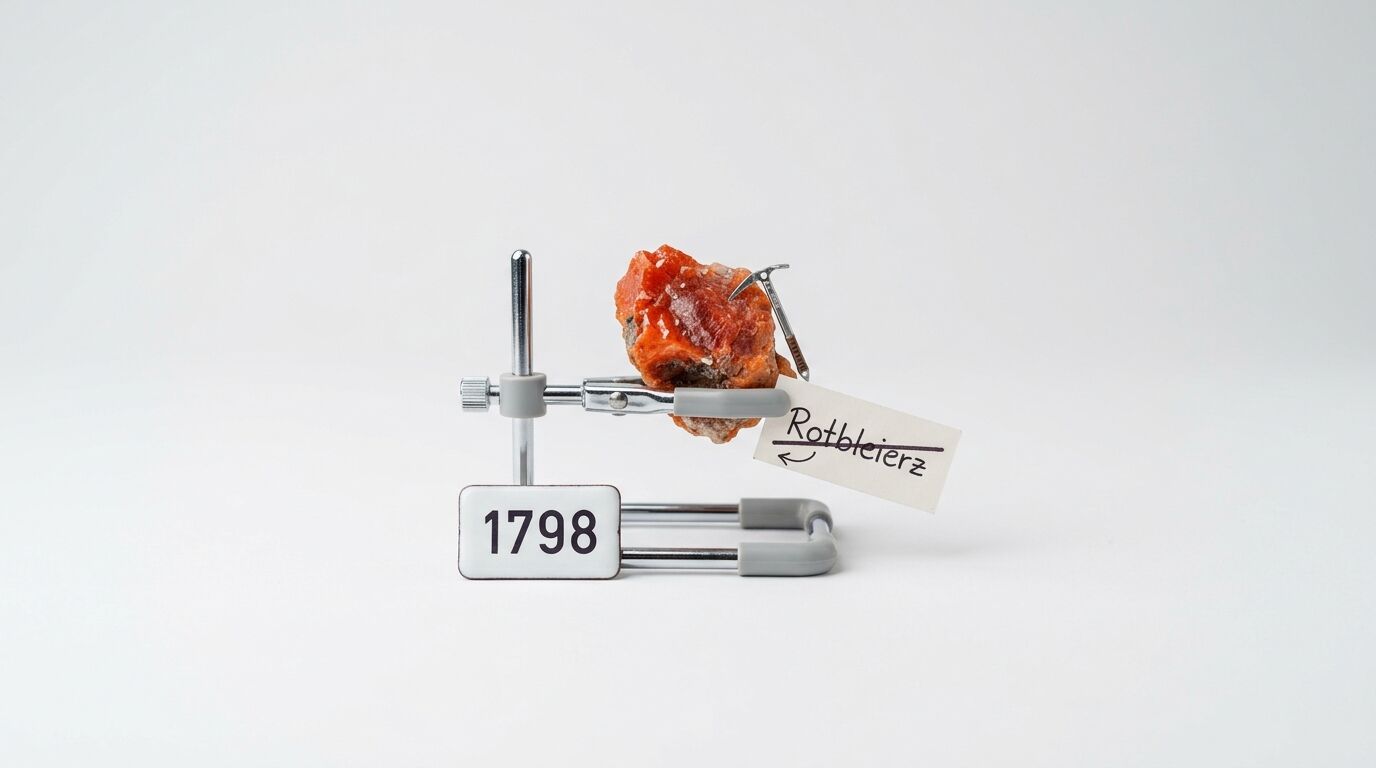 Stativ hält orangefarbenes Rotbleierz, ein kleiner Eispickel steckt darin, davor ein Schild mit der Zahl 1798