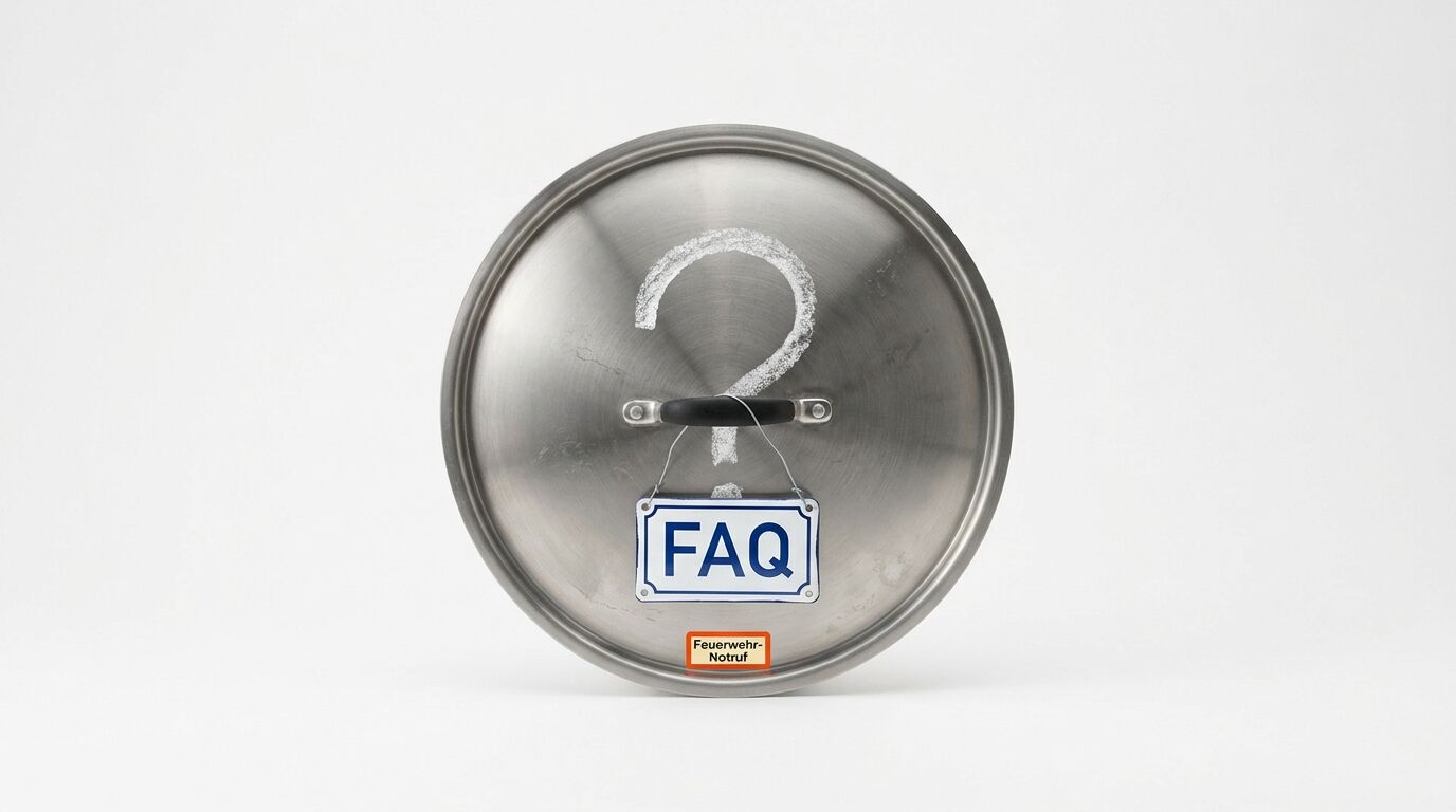 Topfdeckel mit Fragezeichen, „FAQ“-Schild und „Feuerwehr-Notruf“-Aufkleber auf Weiß