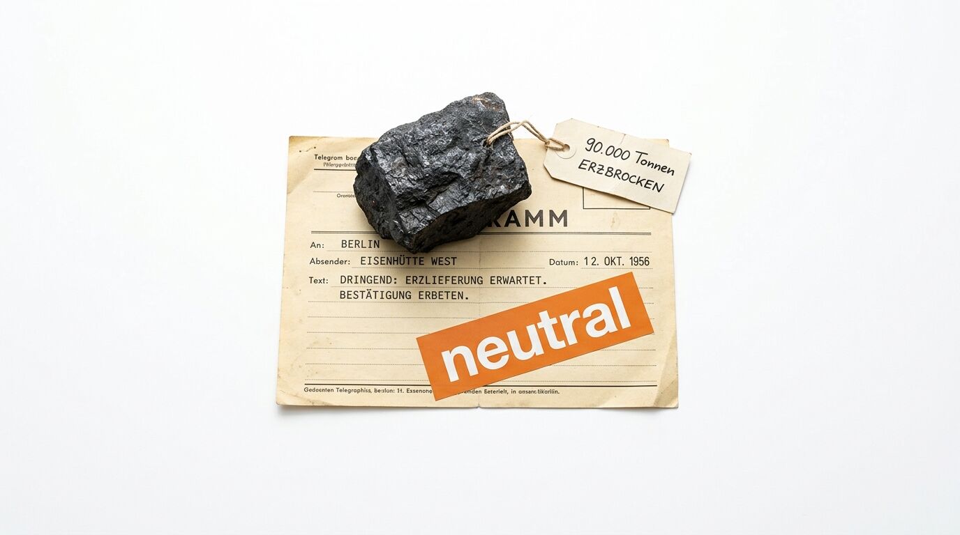 Erzbrocken mit Anhänger auf Telegramm von 1956, darüber orangefarbener „neutral“-Sticker