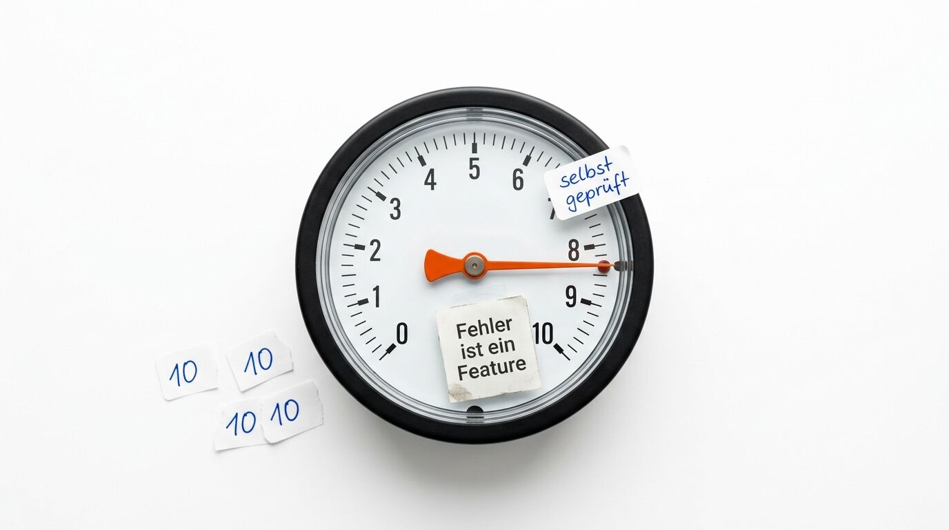 Rundinstrument zeigt 8 an, Zettel mit Text „Fehler ist ein Feature“ und „selbst geprüft“