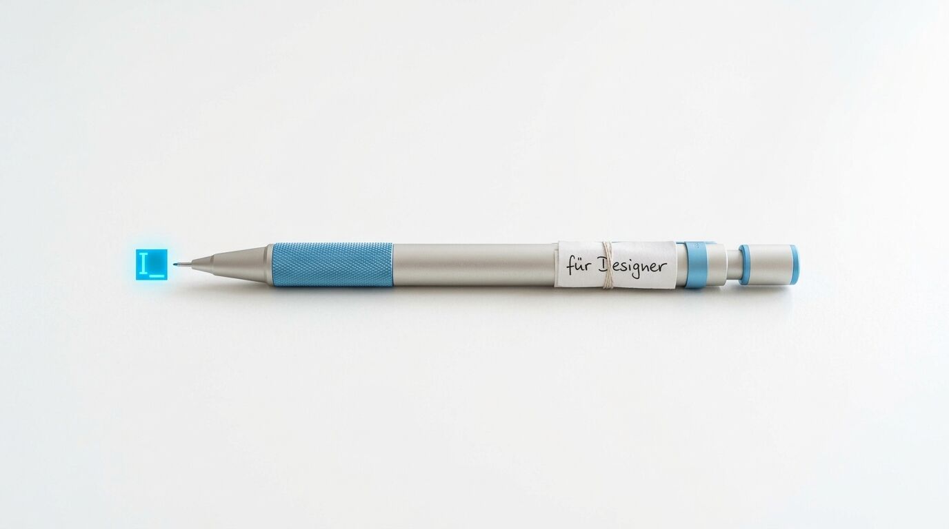 Silberner Druckbleistift mit blauer Grifffläche und „für Designer“ auf Etikett vor Weiß