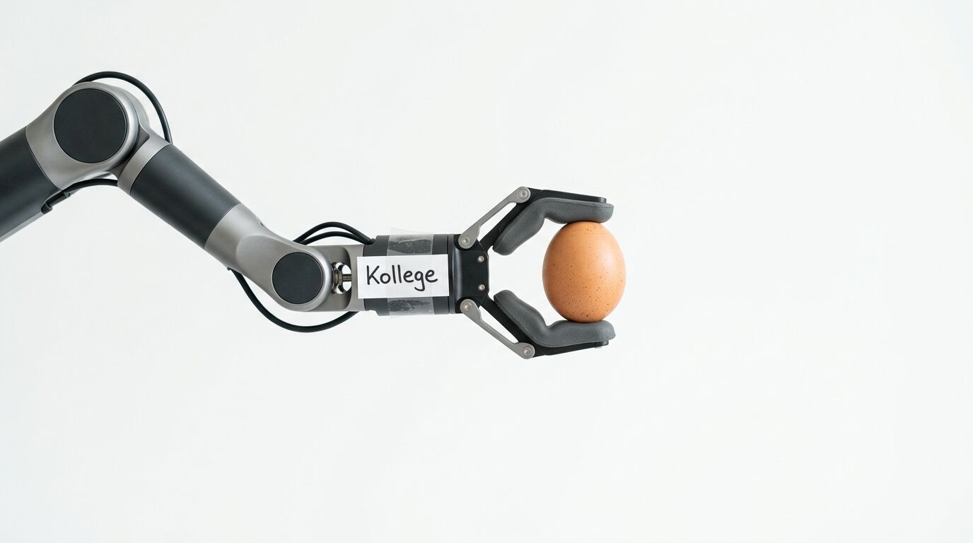 Roboterarm greift Ei, Label „Kollege“ auf weißem Hintergrund