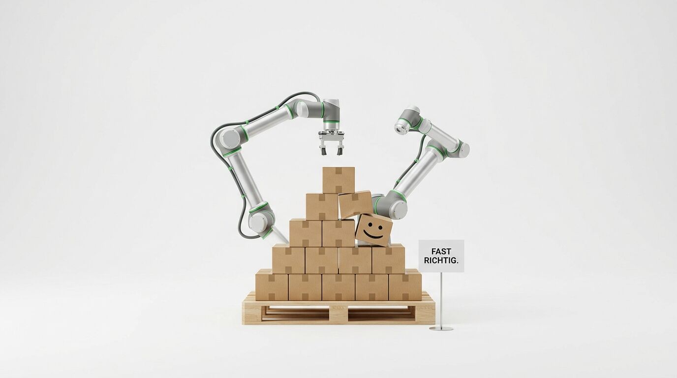 Roboter stapeln Kartons falsch, daneben Schild: FAST RICHTIG