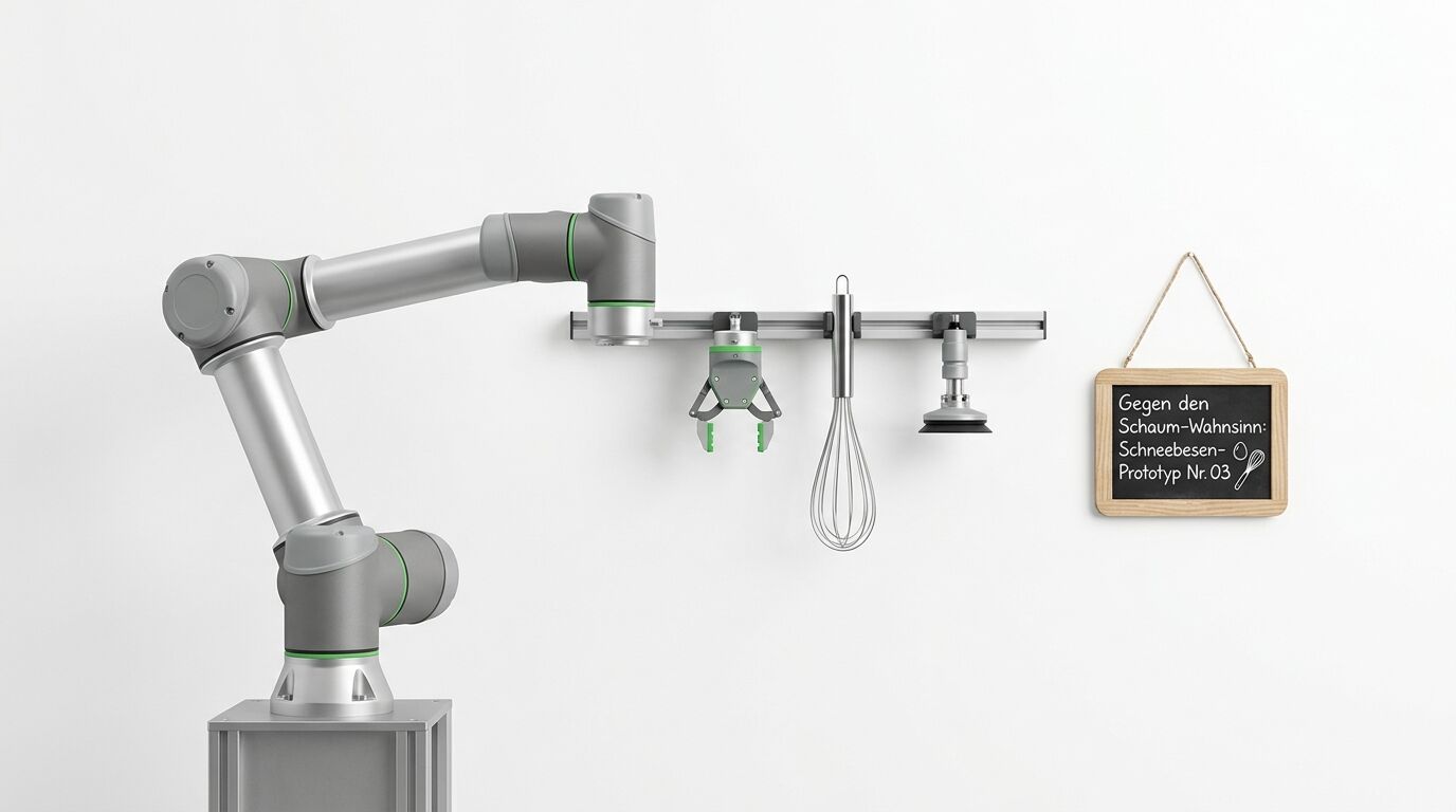 Roboterarm vor Wand mit Werkzeugleiste, Greifer, Schneebesen und Saugnapf, dazu ein Täfelchen