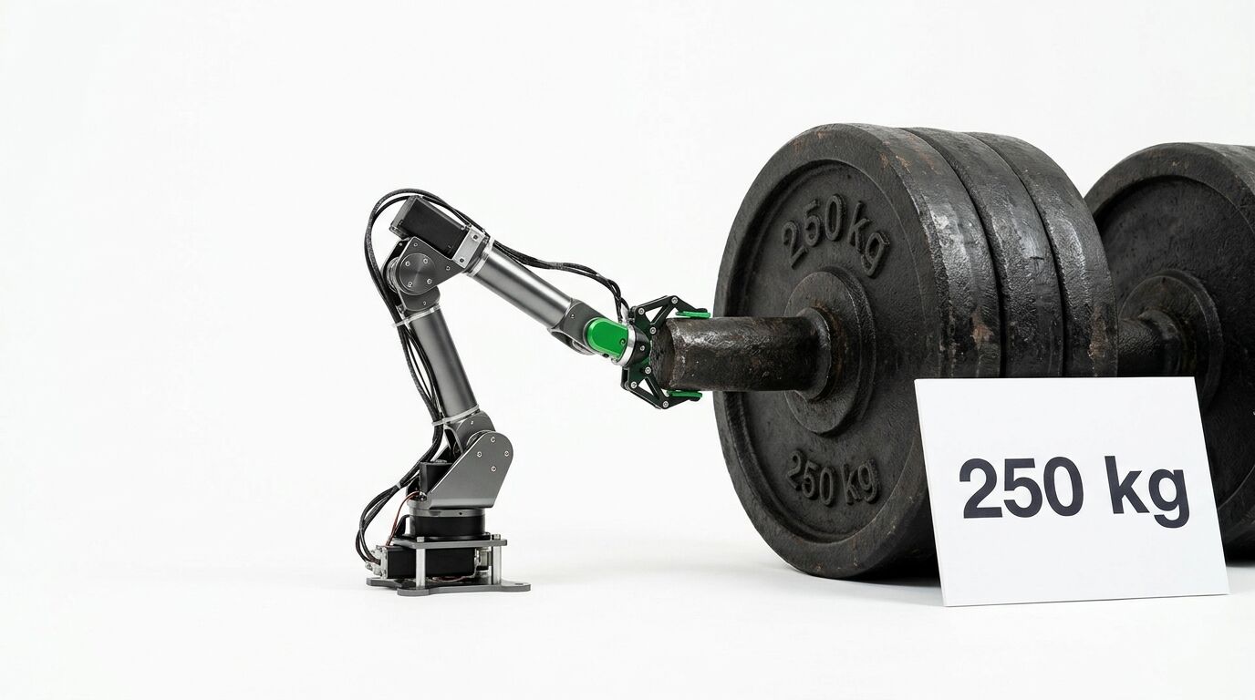 Roboterarm greift Hantel mit Gewichten; daneben Schild mit Aufschrift