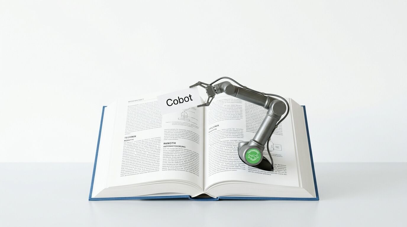 Roboterarm blättert in aufgeschlagenem Buch über Technik mit Text „Cobot“