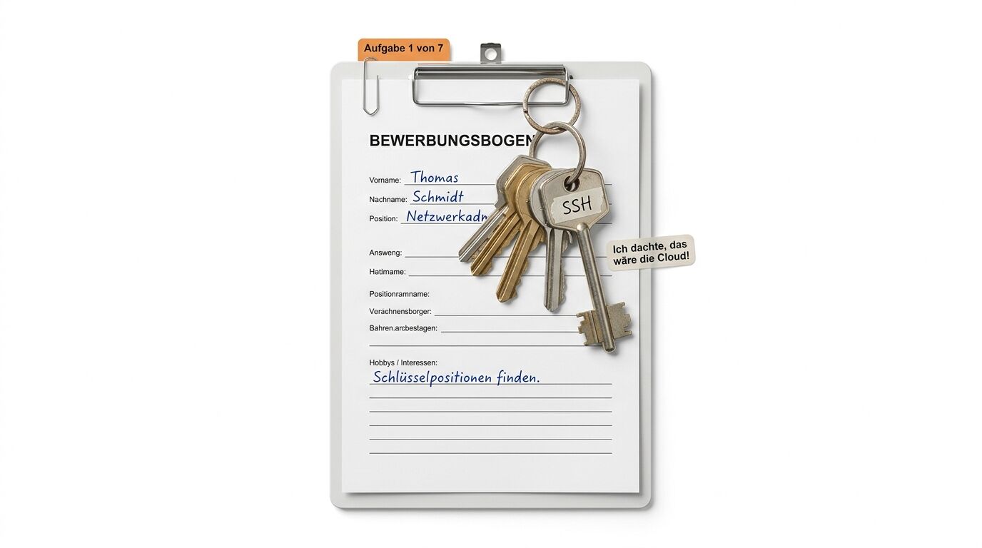 Klemmbrett mit ausgefülltem Bewerbungsbogen und einem darauf liegenden Schlüsselbund