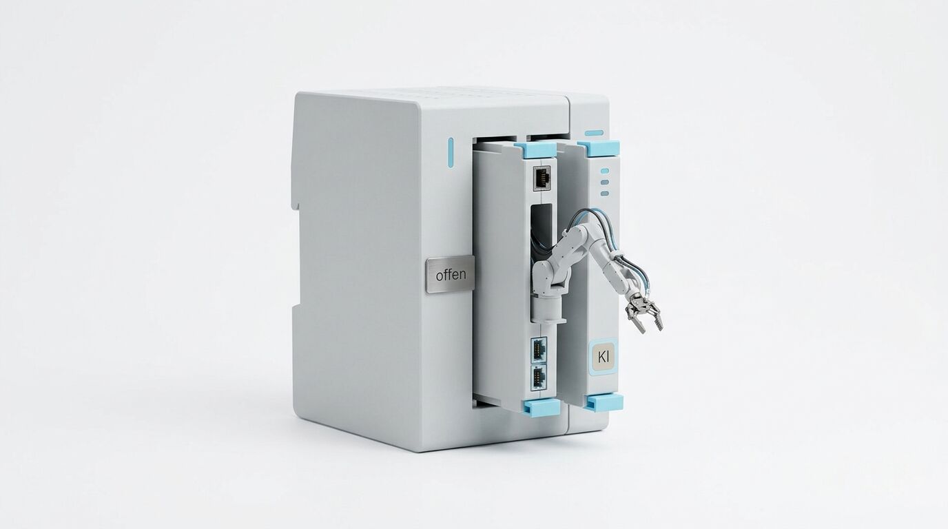 Ein Hardware-Modul mit der Aufschrift „offen“, aus dem ein kleiner Roboterarm ragt