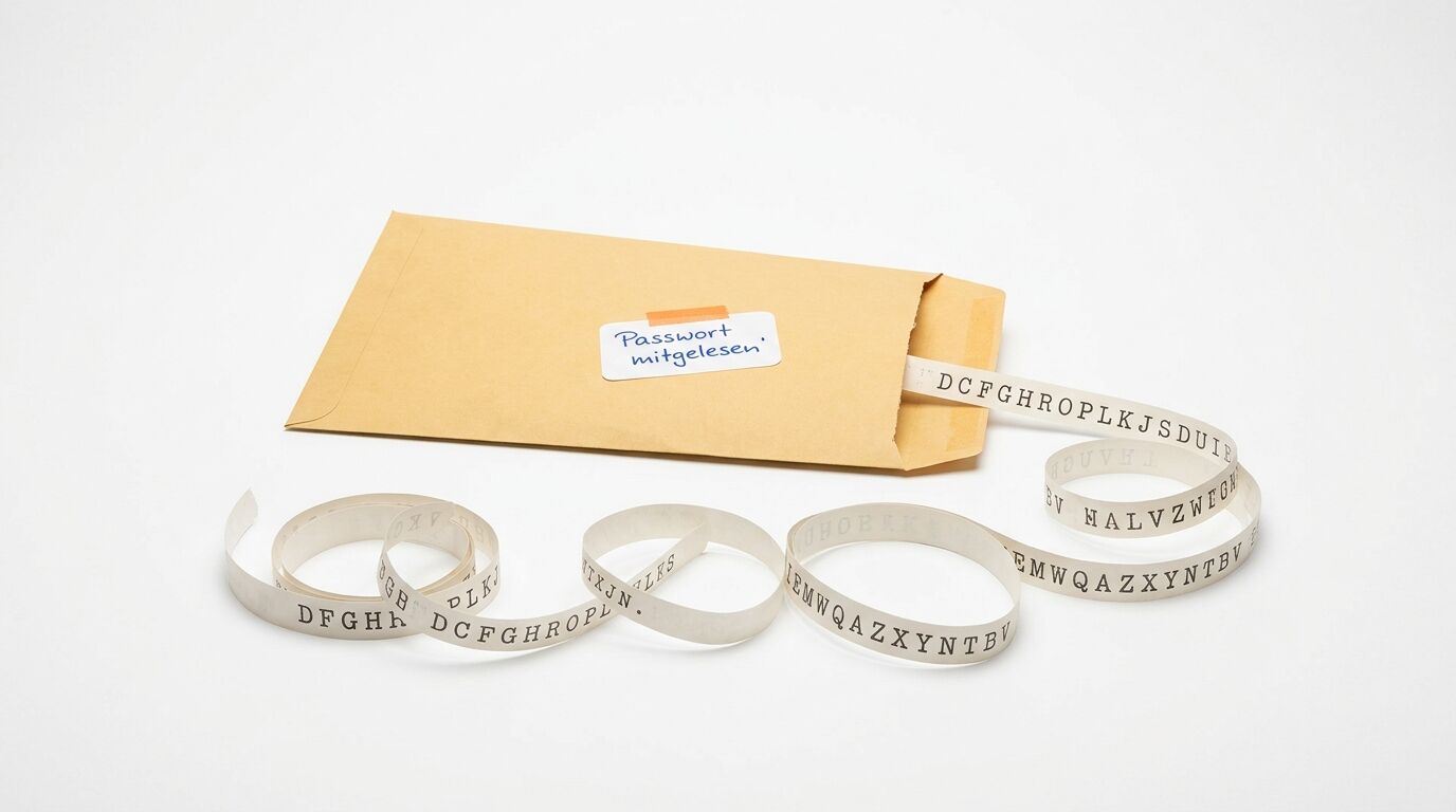 Briefumschlag mit Textband „Passwort mitgelesen“, umwickelt von codierten Papierstreifen