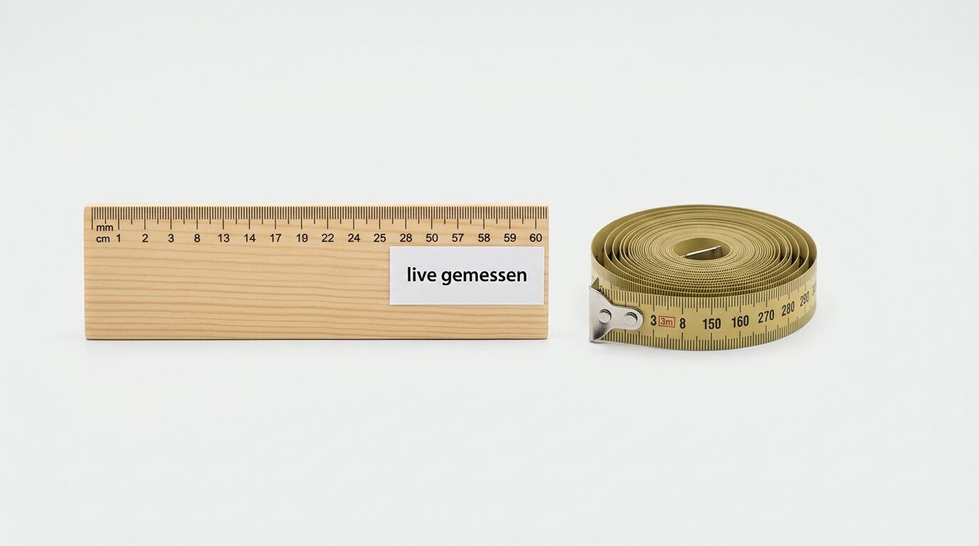 Holzlineal links, gerolltes Maßband rechts, weißes Schild „live gemessen“ auf Holz, weißer Hintergrund