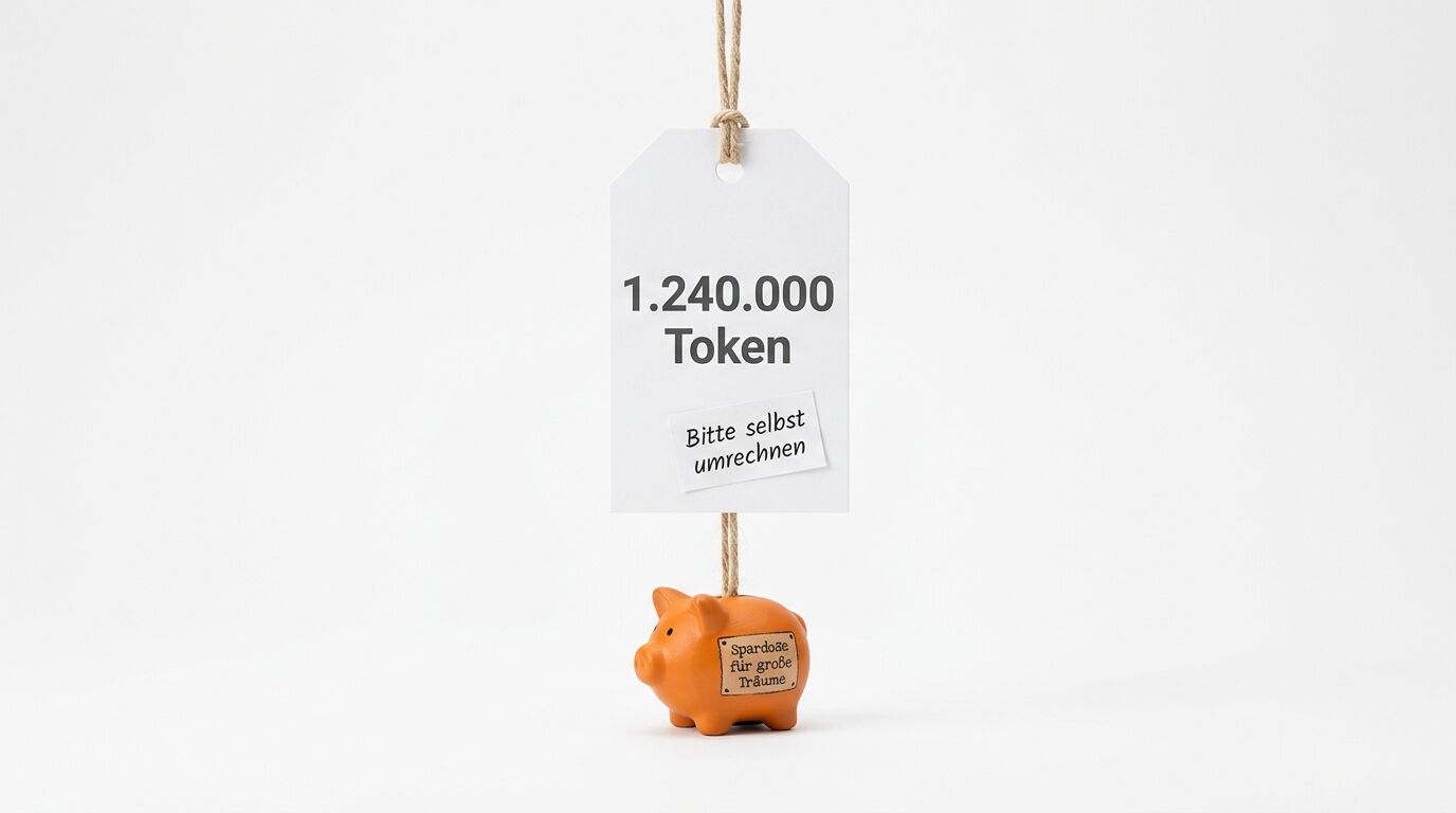 Ein Sparschwein hängt an einem Etikett, auf dem 1.240.000 Token und ein Hinweis stehen