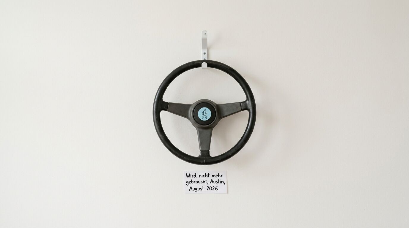Lenkrad an weißer Wand mit Text: „Wird nicht mehr gebraucht, Austin, August 2026“