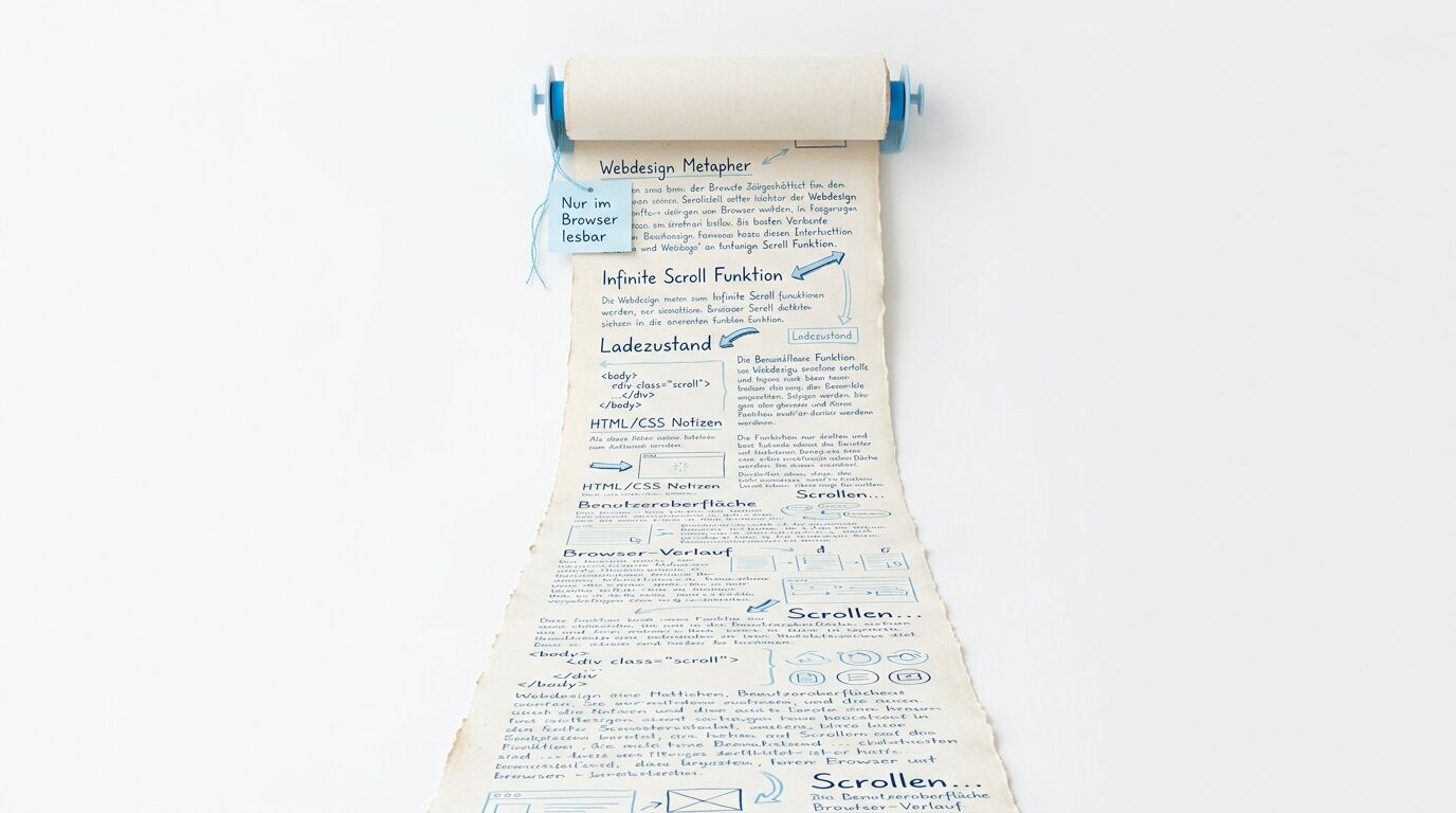 Papierrolle mit deutschem Text und Grafiken zum Thema Webdesign und Scrolling auf weißem Grund