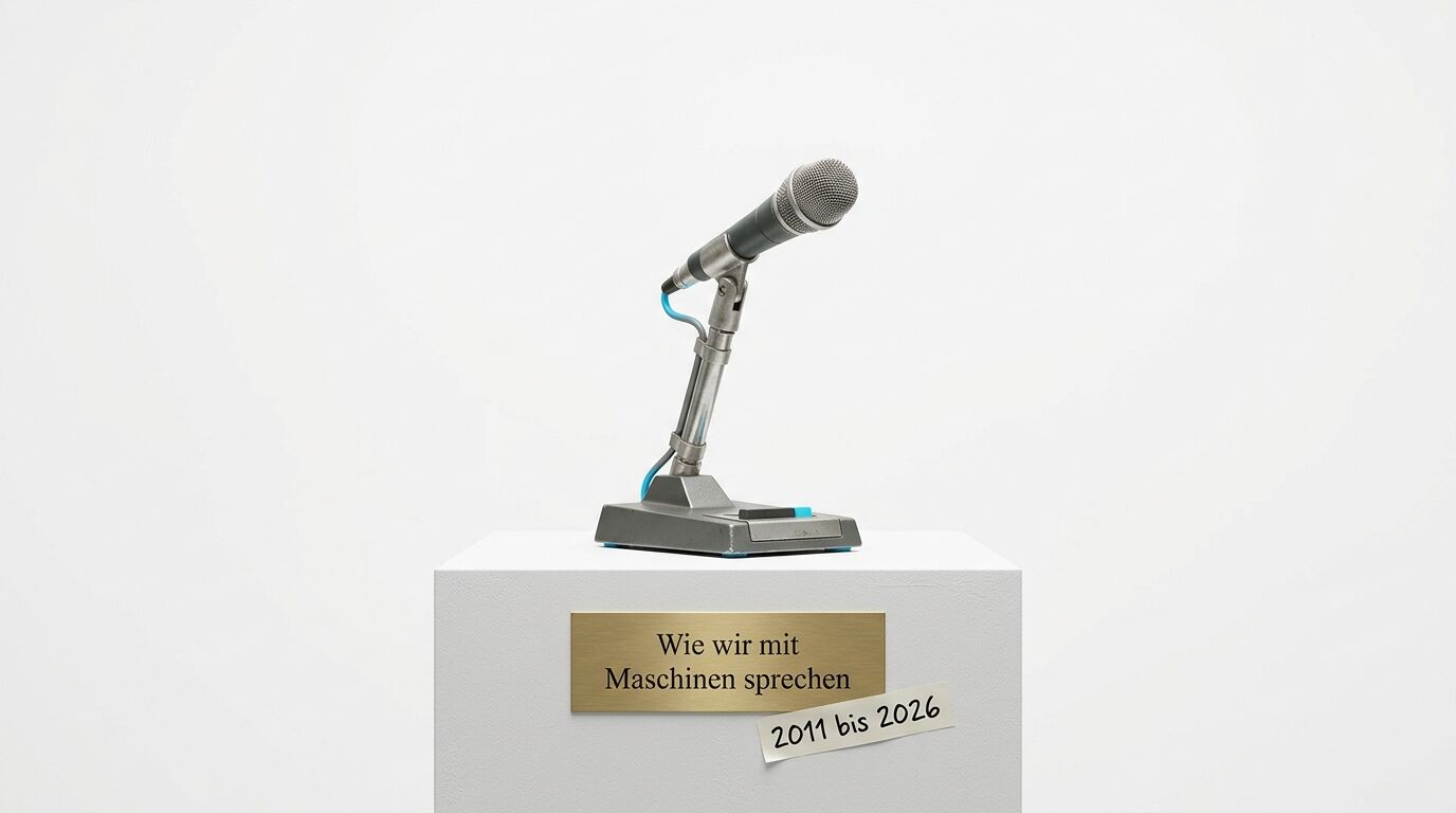 Draufsicht eines alten Mikrofons auf einem Sockel mit Schild, das die Aufschrift „Wie wir mit Maschinen sprechen“ trägt, vor weißem Hintergrund