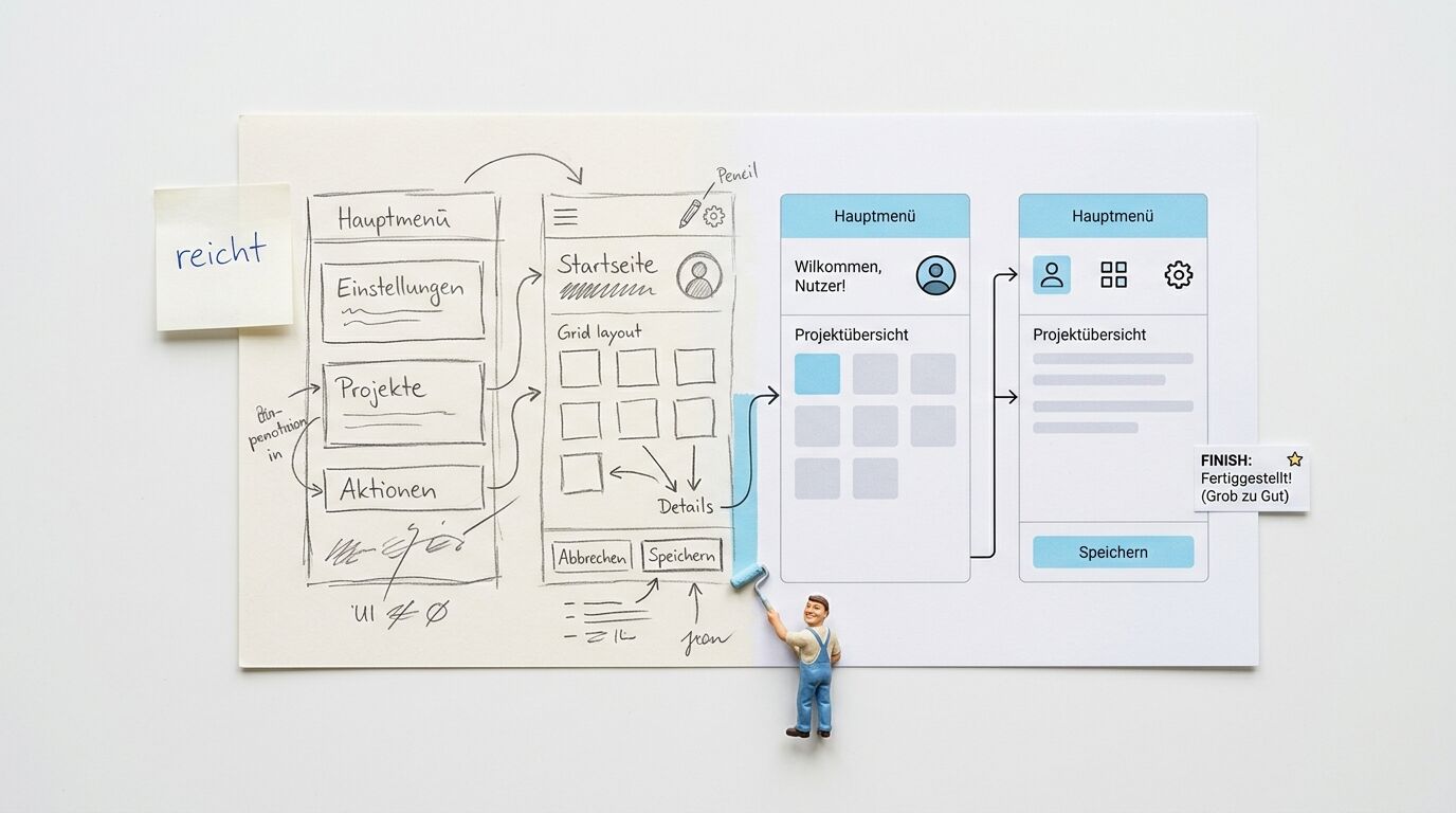 Vergleich handgezeichneter und digitaler App-Entwürfe mit einer Maler-Minifigur