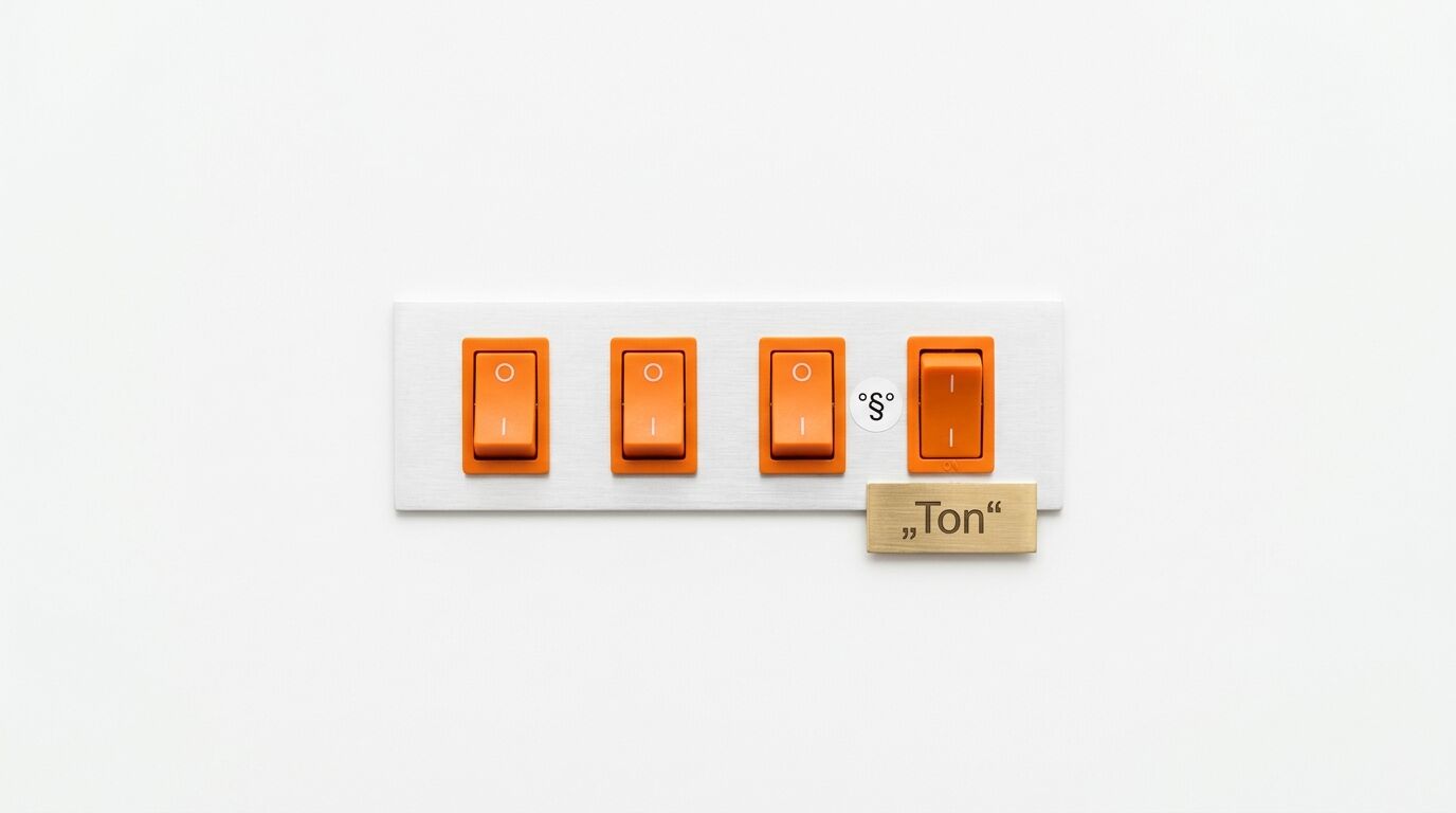 Vier orange Wippschalter auf Metallplatte mit den Beschriftungen