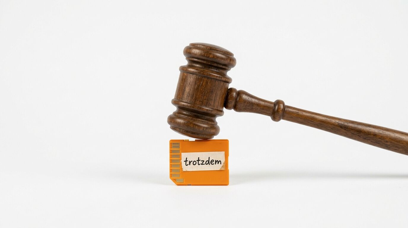 Holzhammer liegt auf orangefarbener Speicherkarte mit Beschriftung „trotzdem“ vor Weiß