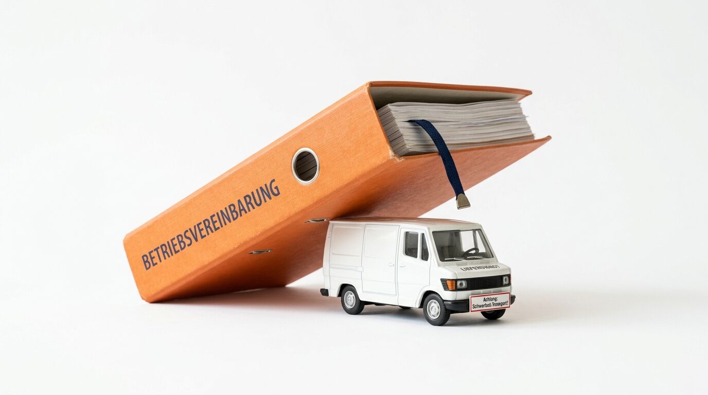 Ein Modell-Lieferwagen, auf dem ein Aktenordner „Betriebsvereinbarung“ lastet