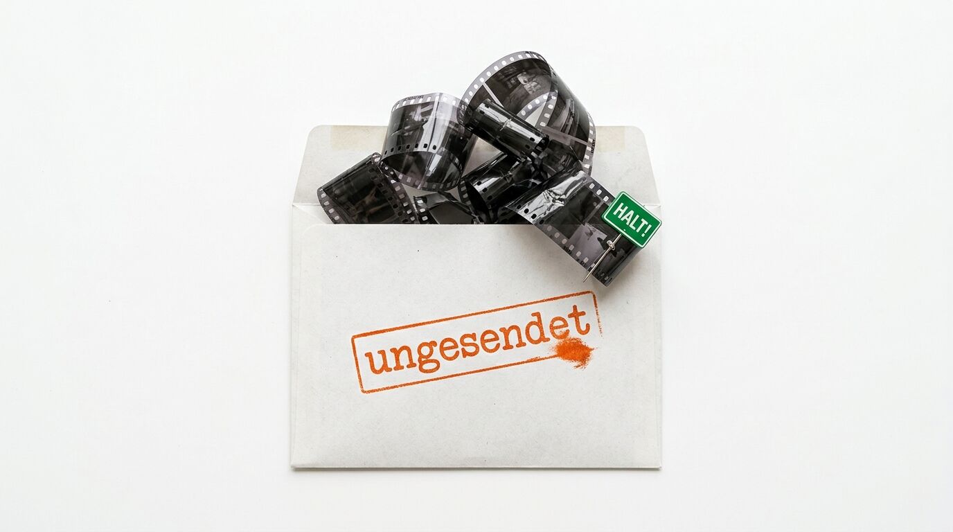 Briefumschlag mit Stempel „ungesendet“, Filmstreifen und „HALT!“-Schild