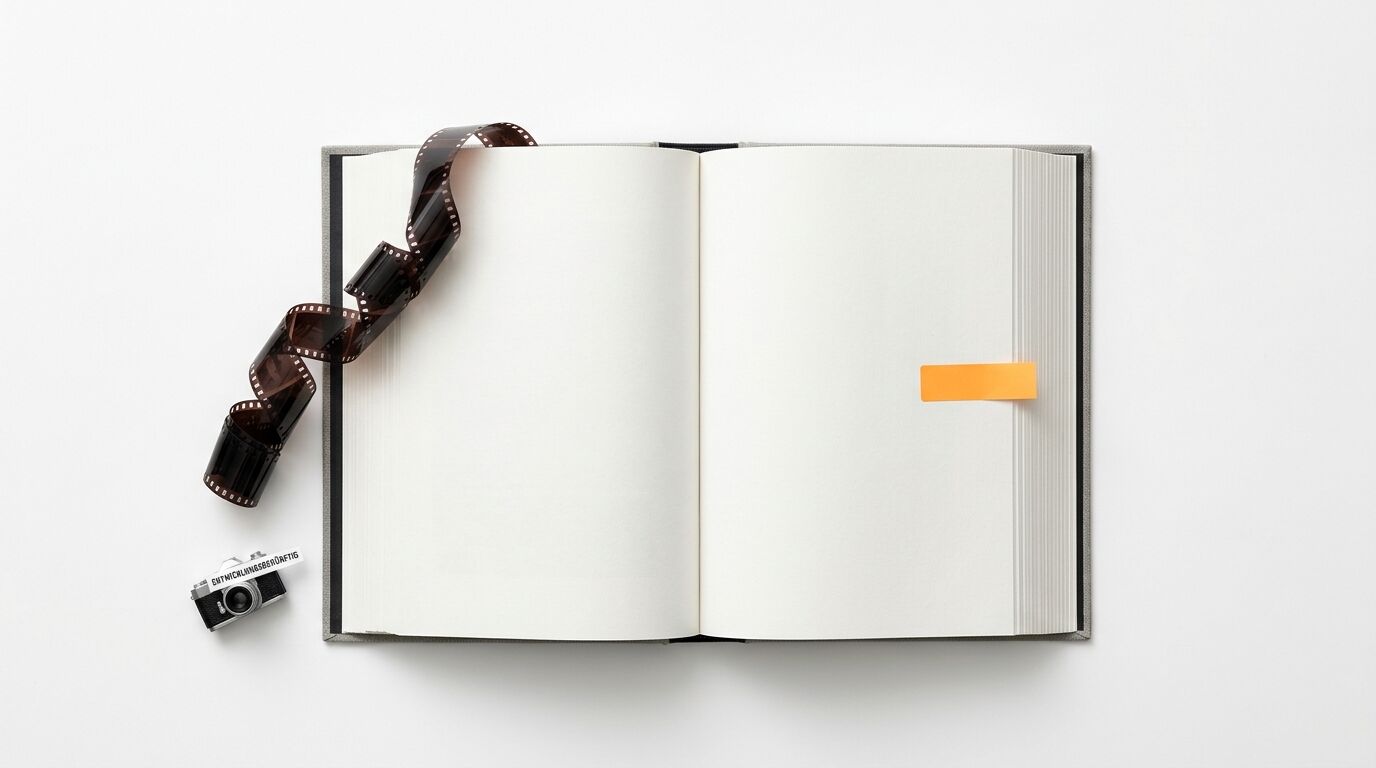 Aufgeschlagenes Buch, Filmstreifen, Miniaturkamera und orangefarbener Notizzettel