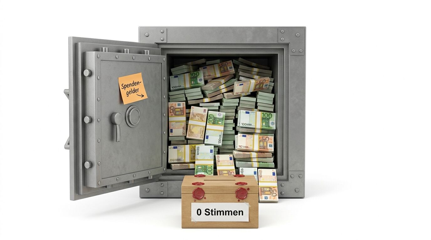 Offener Safe mit Geld, Notiz „Spendengelder“; davor Box mit Aufschrift „0 Stimmen“