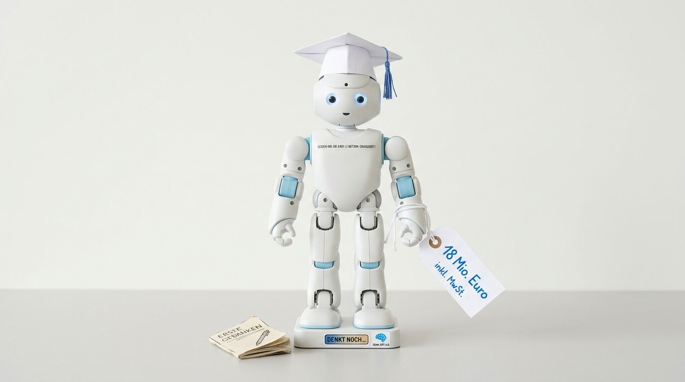 Ein humanoider Roboter mit Doktorhut, einem Preisschild und einem kleinen Buch