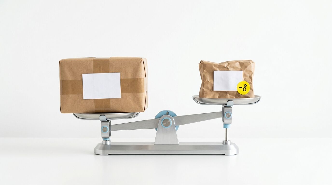Ein Paket und eine Tüte auf einer Waage, die leicht nach links geneigt ist