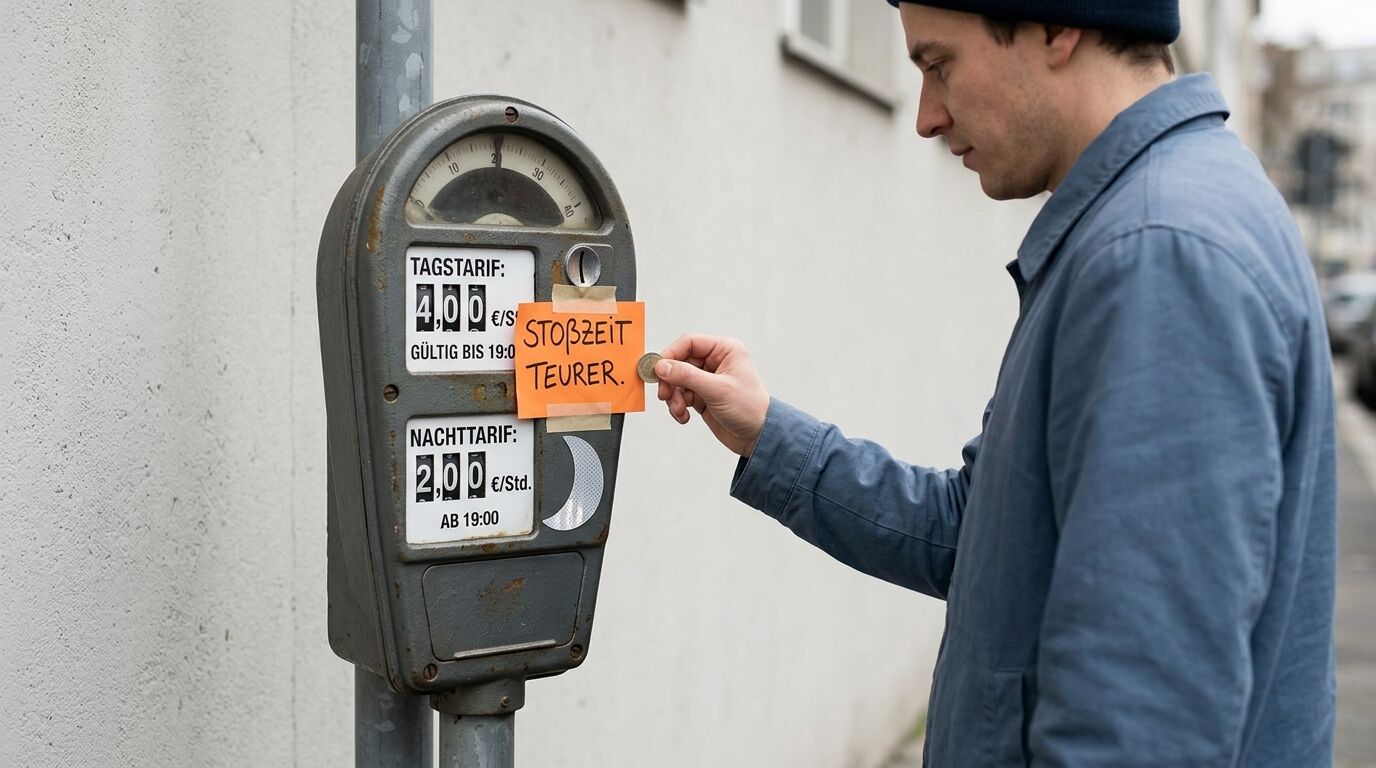Mann wirft Münze in Parkuhr mit Hinweiszettel „Stoßzeit teurer.“