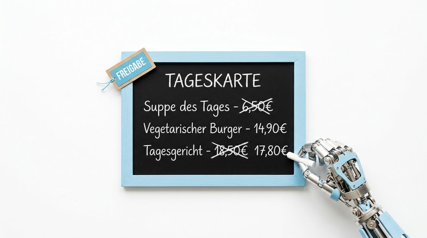 Roboterhand schreibt Preis auf Tafel mit Tageskarte, Anhänger „FREIGABE“ oben links