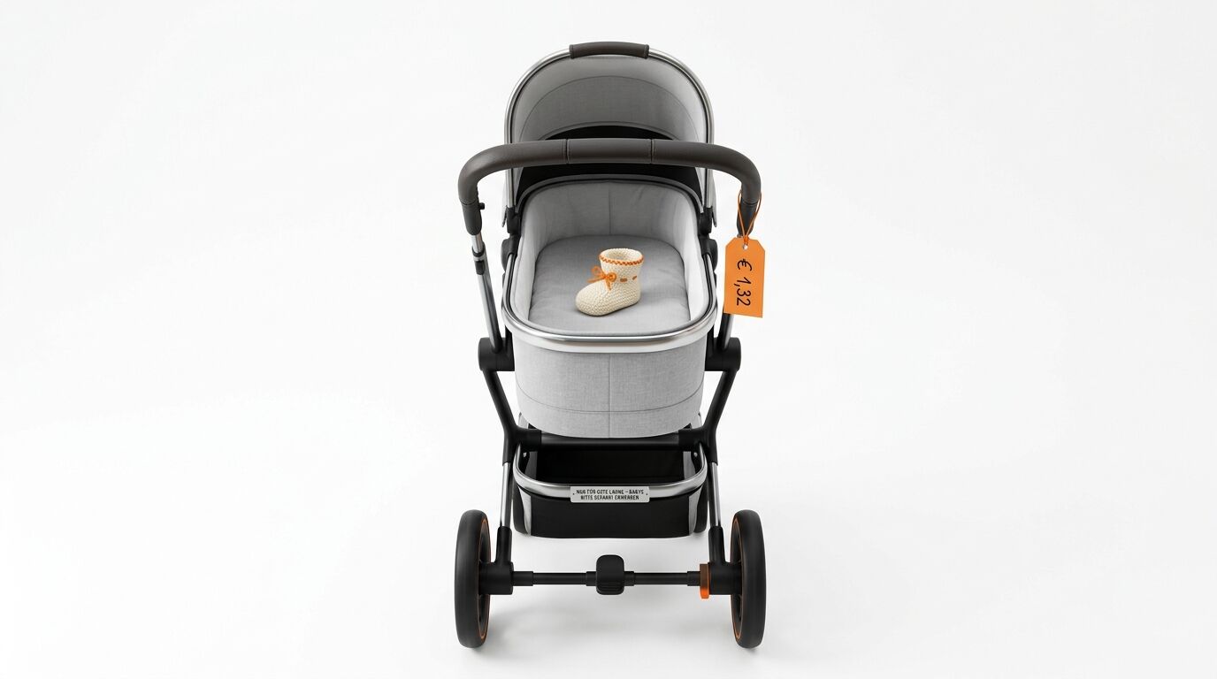 Moderner Kinderwagen, graue Schale, gestricktes Babyschühchen, orangener Preisanhänger (1,32€)