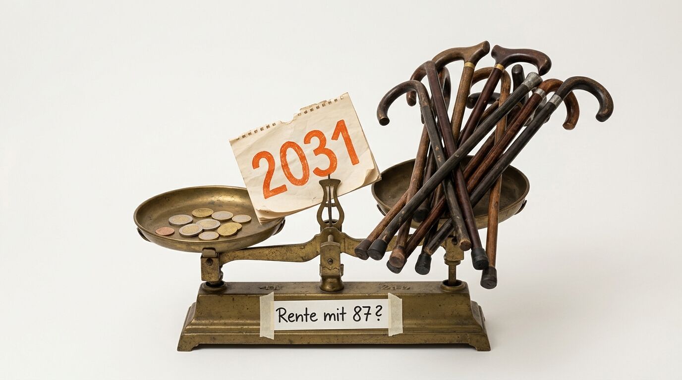 Waage mit Münzen, Gehstöcken, Text „Rente mit 87?“ und Jahreszahl „2031“ auf weißem Grund