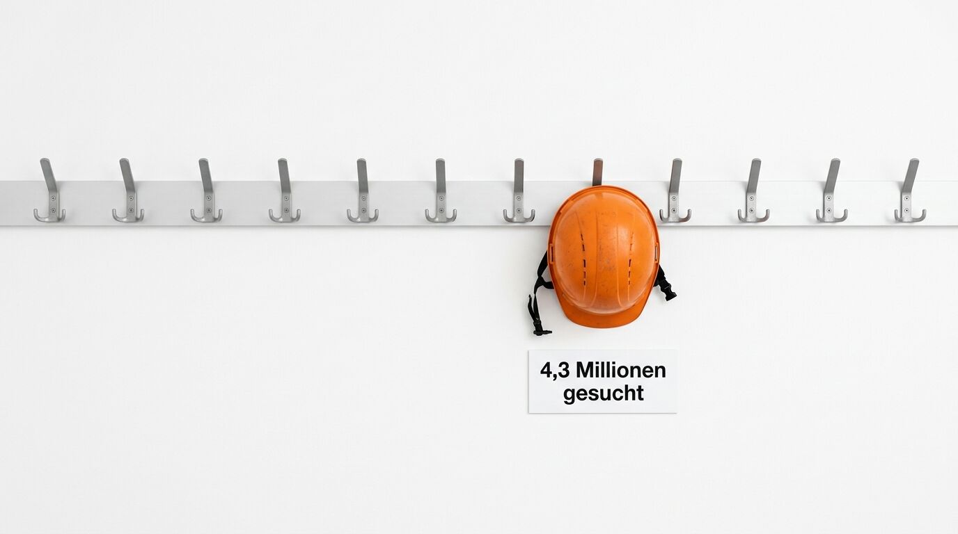 Hakenleiste mit orangefarbenem Schutzhelm und Schild „4,3 Millionen gesucht“ vor weißer Wand