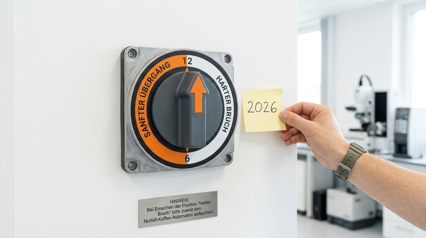 Drehschalter an Wand mit Beschriftungen, Notfall-Hinweis-Plakette und Hand mit Post-it