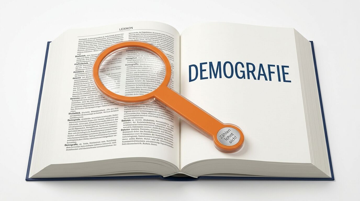 Ein offenes Lexikon mit der Aufschrift DEMOGRAFIE und einer orangefarbenen Lupe