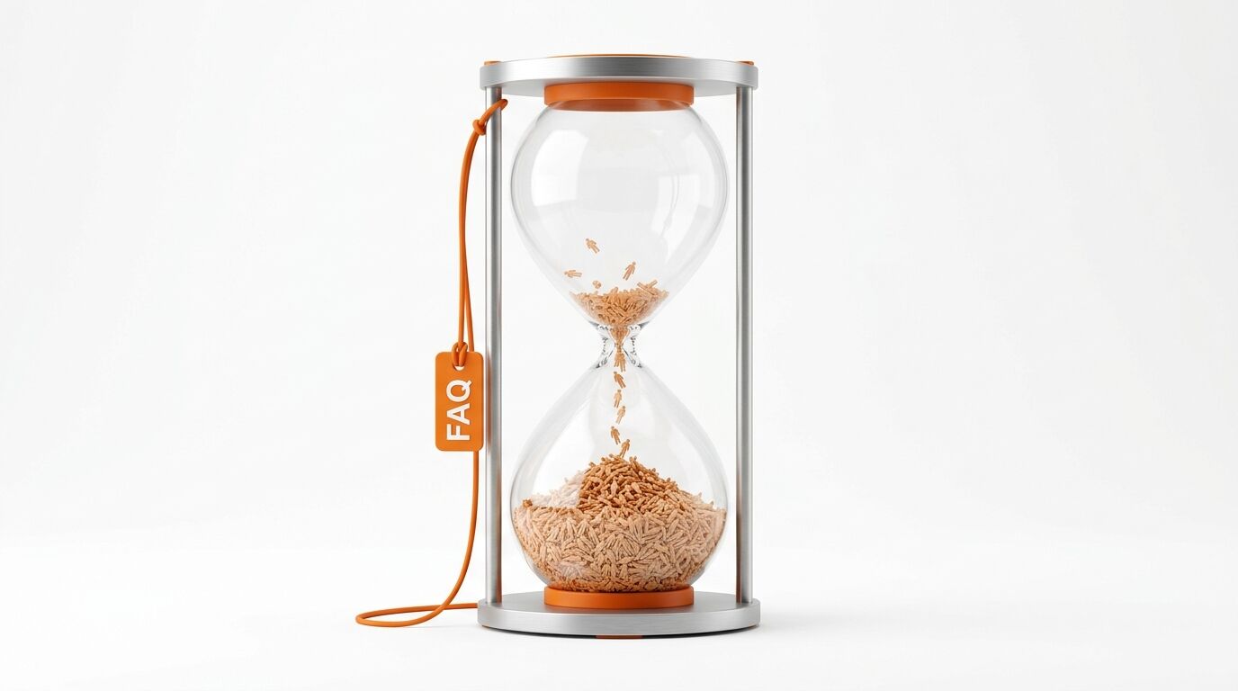 Sanduhr gefüllt mit winzigen Menschenfiguren und einem Anhänger mit der Aufschrift „FAQ“