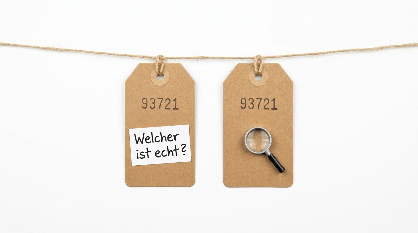 Zwei identische Preisschilder an Schnur, eines mit Text, das andere mit Lupe