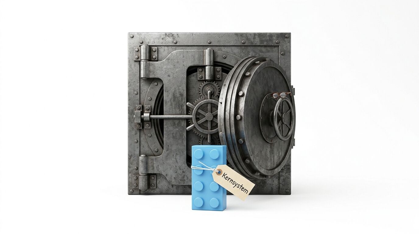 Ein Tresor, davor ein blauer Lego-Stein mit dem Etikett „Kernsystem“, auf weißem Hintergrund