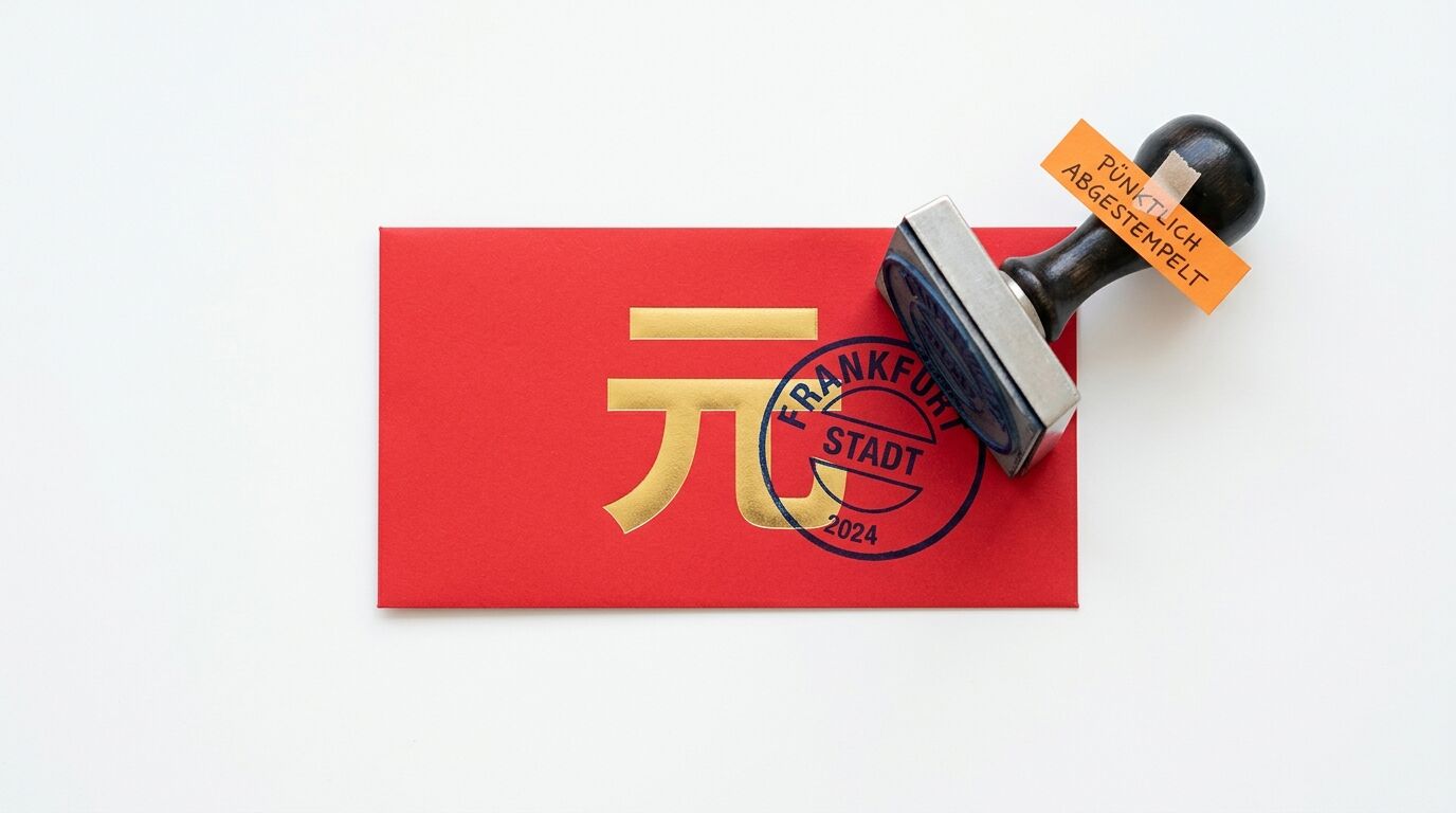 Roter Umschlag mit goldenem Yuan-Zeichen und Stempel „FRANKFURT STADT 2024“ daneben