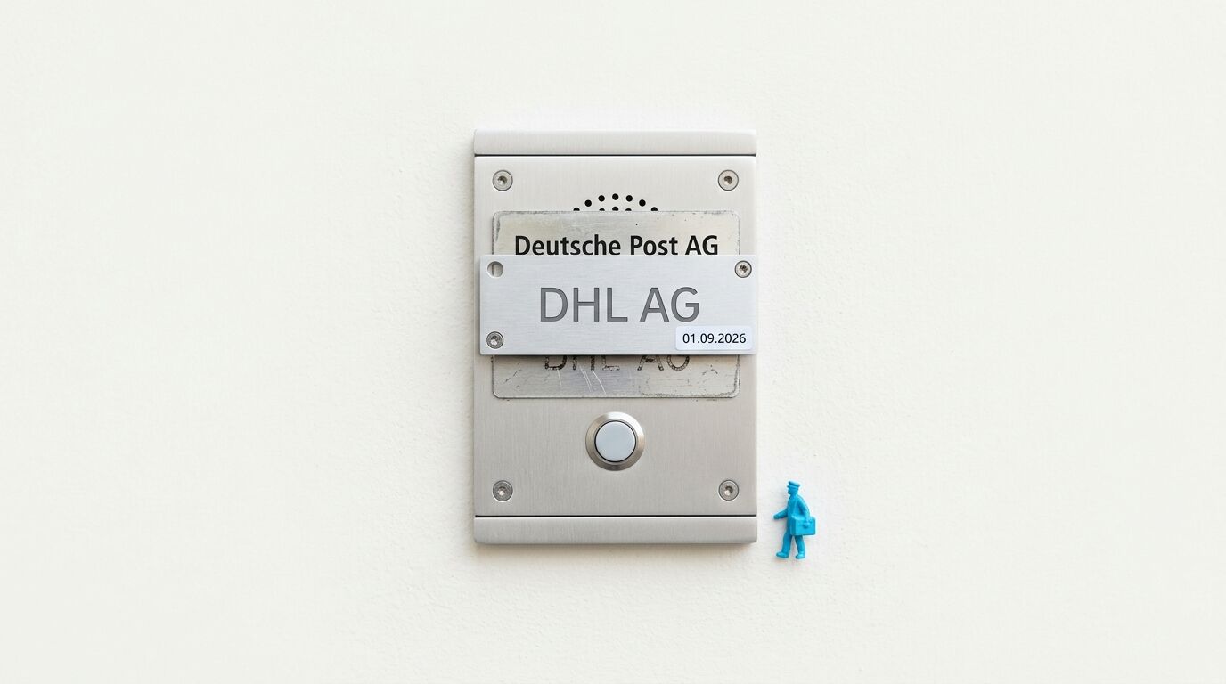 Edelstahl-Gegensprechanlage „Deutsche Post AG“ mit einem Namensschild „DHL AG“ und einer Miniaturfigur